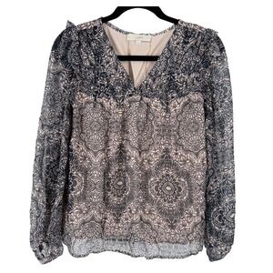 LOFT Womens Blouse Long Sleeve Floral Print‎ Pink Navy V Neck Top Size Medium